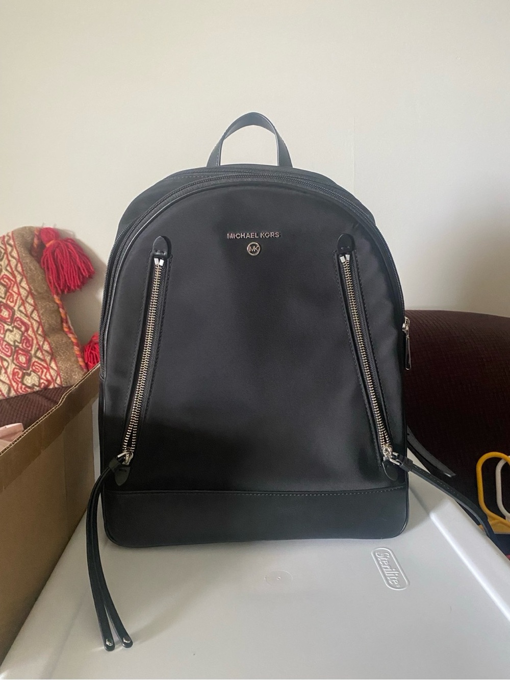 Michael Kors Black Smooth Nylon Backpack with Silver Zippers